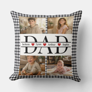 Custom Black Plaid Modern 4 Photo Collage Dad Gift Cushion