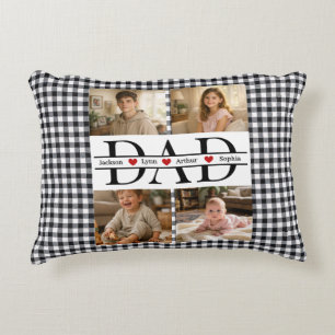 Custom Black Plaid Modern 4 Photo Collage Dad Gift Decorative Cushion