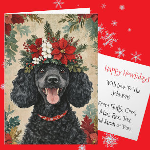 Custom Black Poodle Christmas Floral Crown Holiday Card