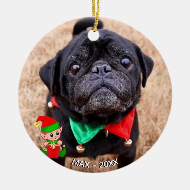 Custom Black Pug Dog Photo with Cute Elf Ceramic Ornament (Front)