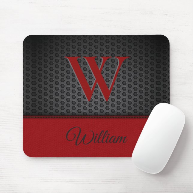 Custom Black Red Faux Leather Monogrammed Initial  Mouse Pad (With Mouse)