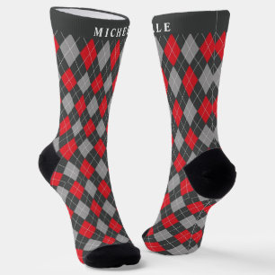 Custom Black Red Grey Argyle Pattern Socks