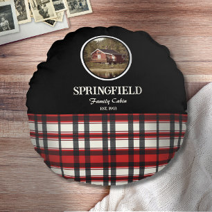 Custom Black Red Plaid Farmhouse Style Round Cushion