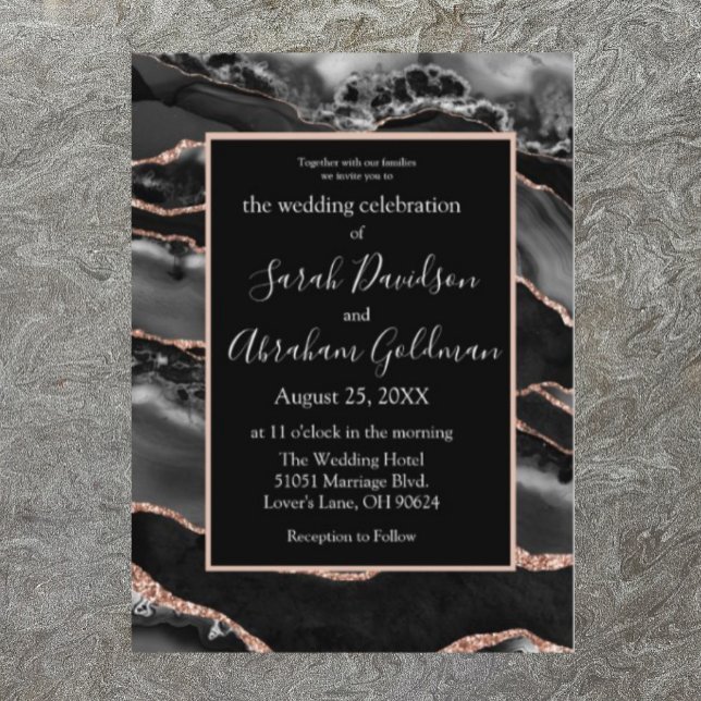 Custom Black Rose Gold Foil Agate Wedding Invitation (Creator Uploaded)