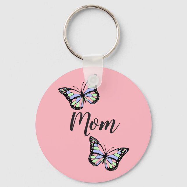 Custom Black Script with Butterflies on Pink Key Ring (Front)