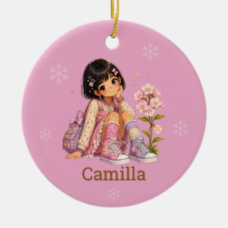 Custom Black Short Hair Girl Name Ceramic Ornament