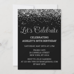 Custom Black & Silver Glitter 30th Birthday Party Invitation
