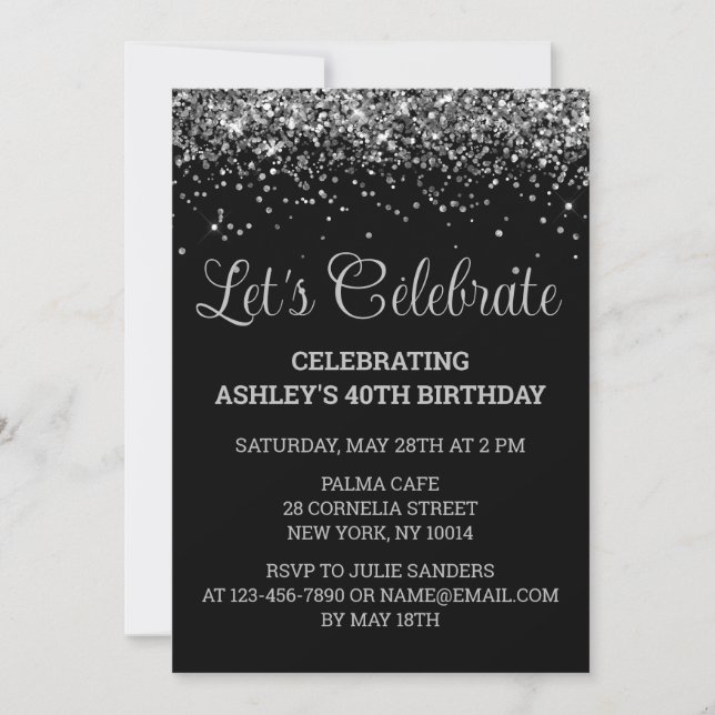 Custom Black & Silver Glitter 40th Birthday Party Invitation (Front)