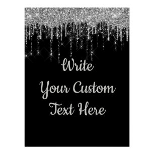 Custom Black Silver Glitter Birthday Anniversary Poster