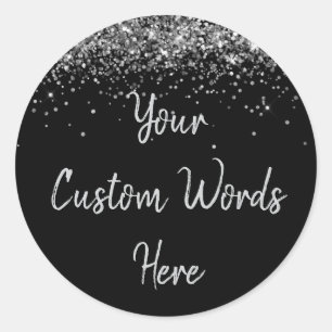 Custom Black & Silver Glitter Birthday Party Favor Classic Round Sticker