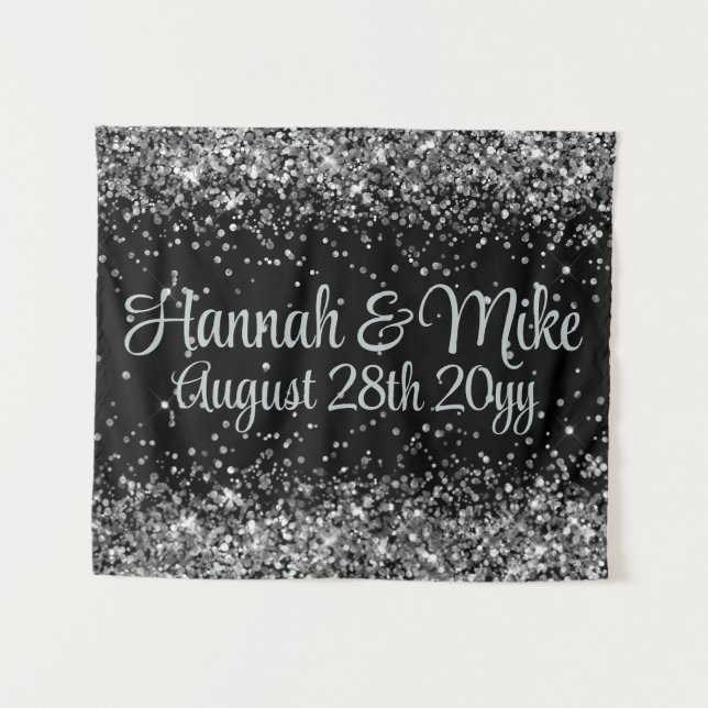 Custom Black & Silver Glitter Wedding Photo Booth Tapestry (Front (Horizontal))