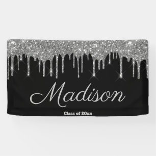 Custom Black Silver Graduation Party Class of 2025 Banner
