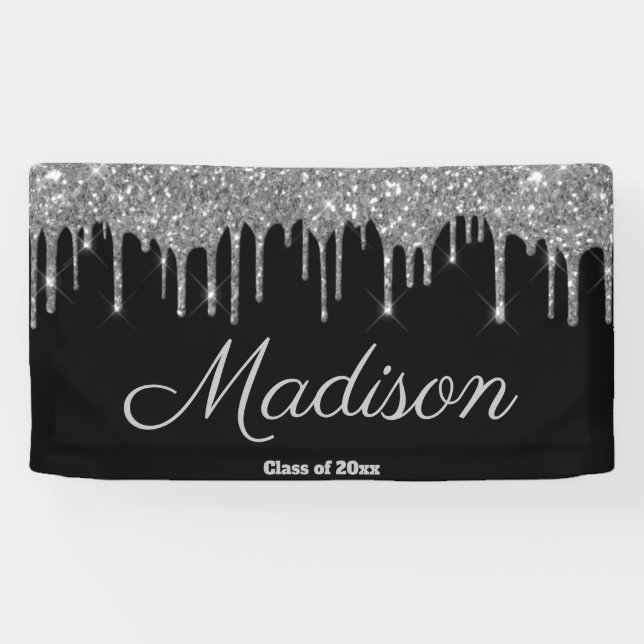 Custom Black Silver Graduation Party Class of 2025 Banner (Horizontal)