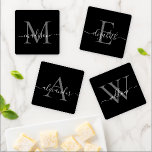 Custom Black Silver Grey Monogram Elegant Script Coaster Set<br><div class="desc">Custom Black Silver Grey Monogram Elegant Script Name Coaster Set</div>