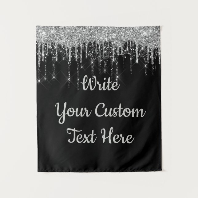 Custom Black Silver Wedding Backdrop Birthday Drop Tapestry (Front)