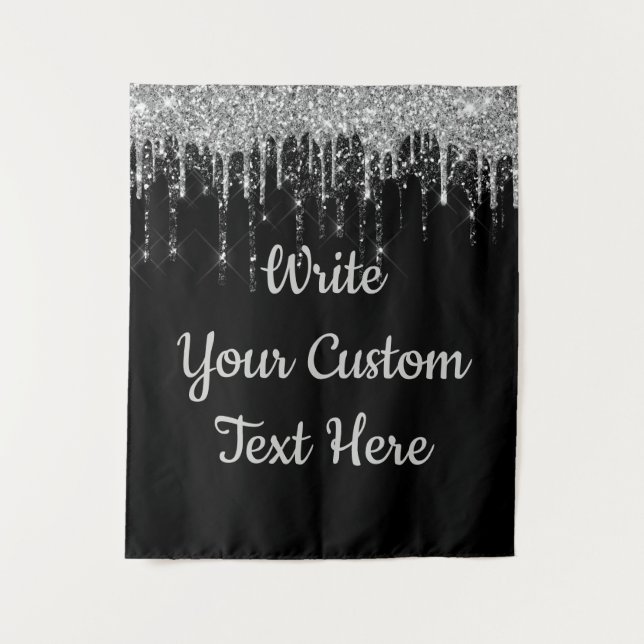 Custom Black Silver Wedding Backdrop Birthday Drop Tapestry (Front)