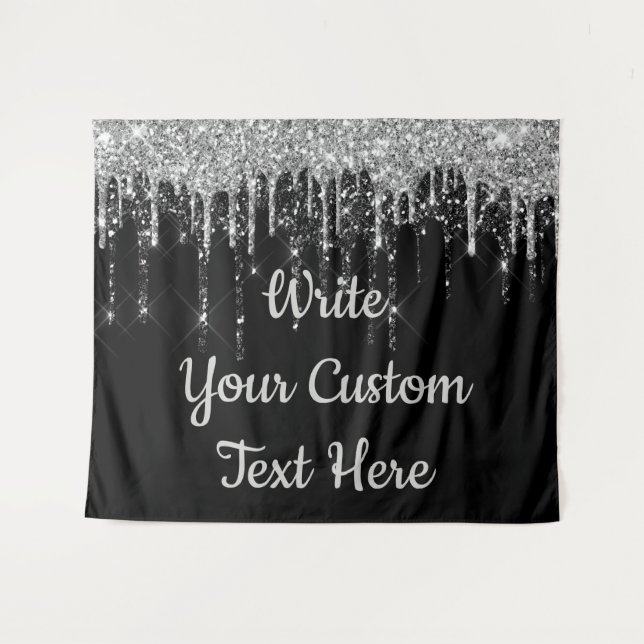 Custom Black Silver Wedding Backdrop Birthday Drop Tapestry (Front (Horizontal))