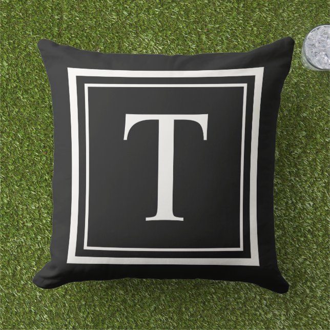Custom Black Square Monogram Initial Letter Cushion (Grass)