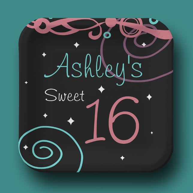 Custom Black Sweet 16 Birthday Party Plates (Creator Uploaded)