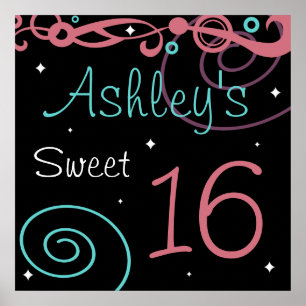 Custom Black Sweet 16 Birthday Party Wall Decor