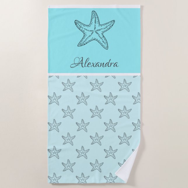 Custom Black Tan Sand Chic Beach house Starfish Beach Towel (Front)