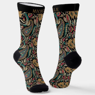 Custom Black Teal Blue Green Paisley Pattern Socks