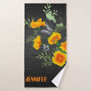 Custom Black Towel Set with Poppies and Butterfly