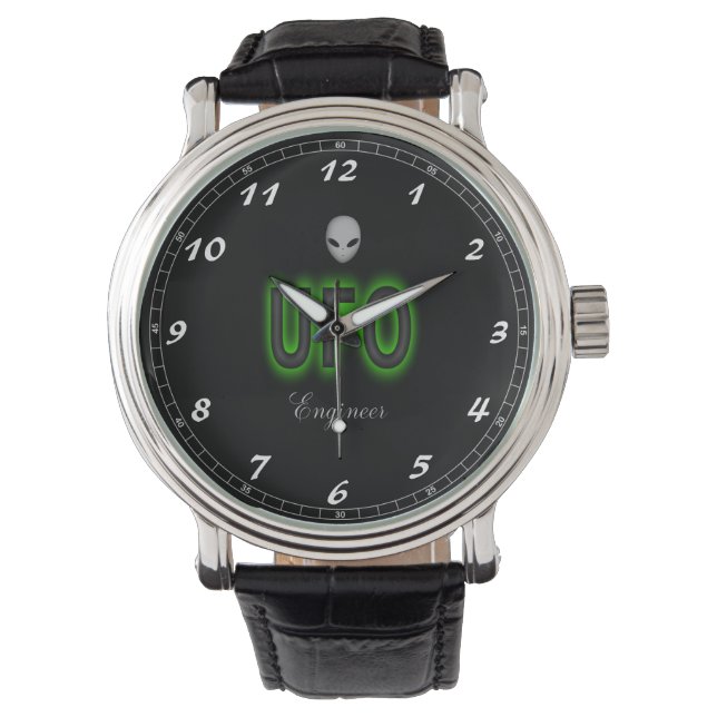 Custom Black Vintage Leather Watch UFO Engineer (Front)
