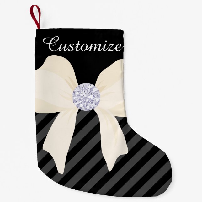 Custom Black w/Cream Bow & Diamonds Small Christmas Stocking (Front)