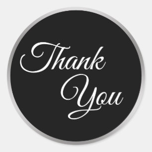 Custom Black, White and Faux Silver Thank You Classic Round Sticker