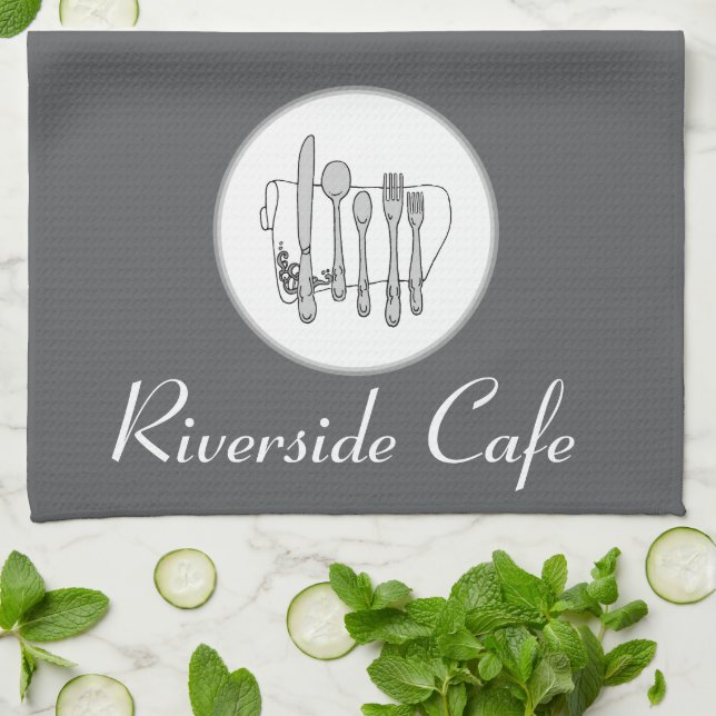Custom Black, White and Grey on Grey Silverware Tea Towel (Folded)
