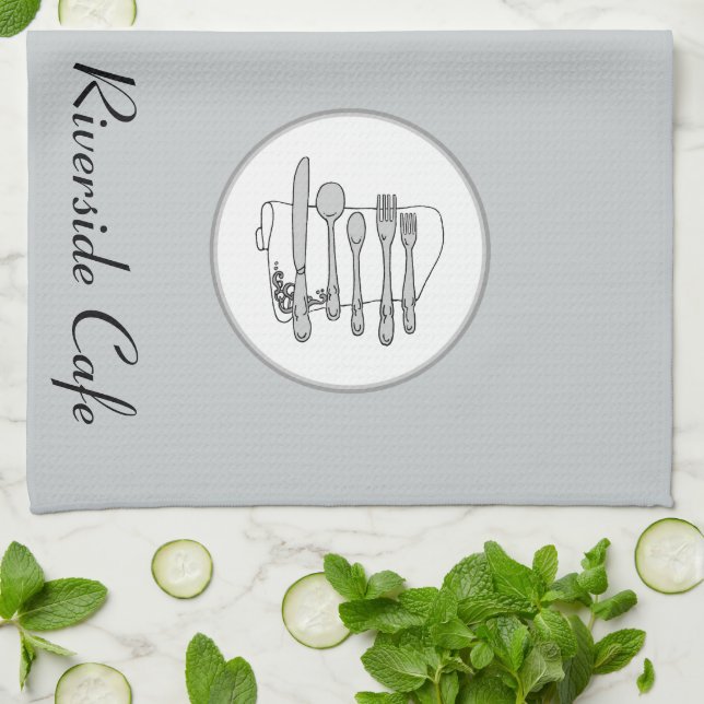 Custom Black, White and Grey Silverware Design Tea Towel (Folded)