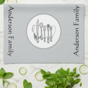 Custom Black, White and Grey Silverware Design Tea Towel