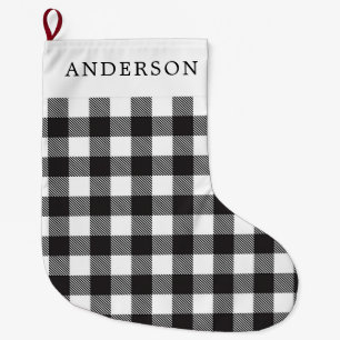 Custom Black & White Buffalo Check Plaid Holiday   Large Christmas Stocking
