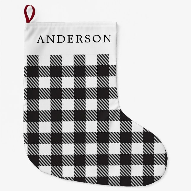 Custom Black & White Buffalo Check Plaid Holiday   Large Christmas Stocking (Front)