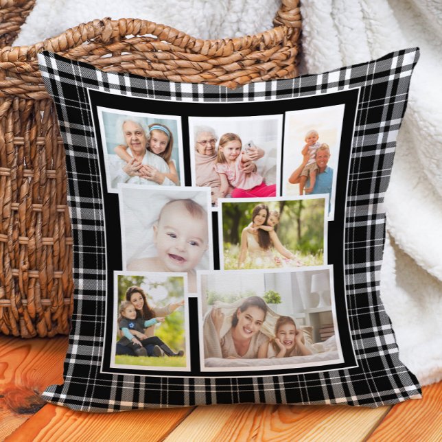 Custom Black White Buffalo Check Tartan 7 Photo Cushion (Black and white buffalo plaid checkered 7-photo decorator pillow. Printed on both sides.)