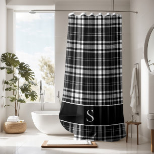Custom Black White Buffalo Check Tartan Monogram Shower Curtain