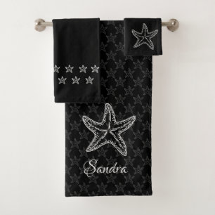 Custom Black White Chic Beach house Starfish  Bath Towel Set