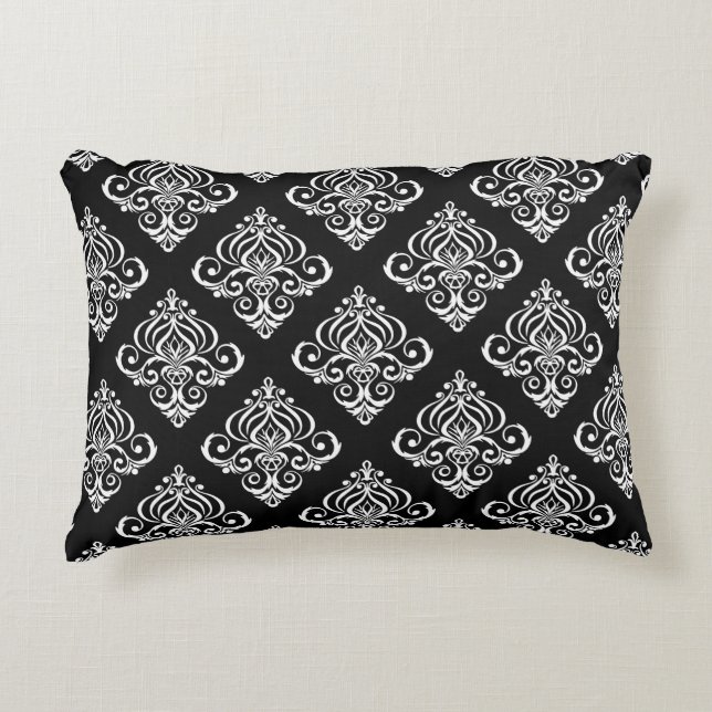Custom Black & White Damask Pattern Decorative Cushion (Front)