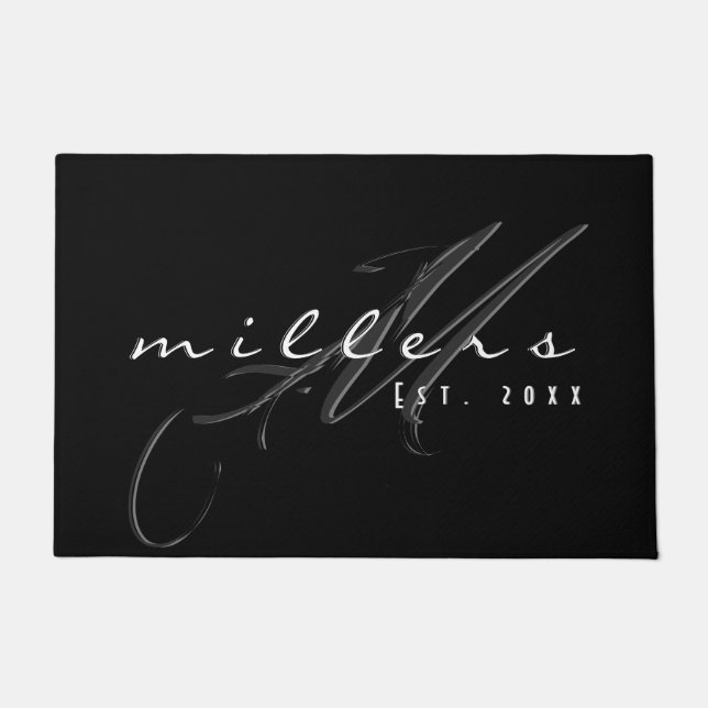 Custom Black & White Family Name & Monogram Doormat (Front)
