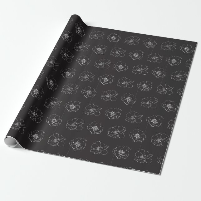Custom Black/White Magnolia Floral Gift Wrap Paper (Unrolled)