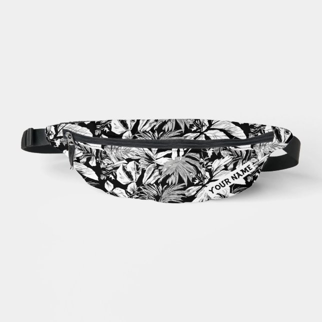 Custom Black White Modern Tropical Leaves Printed Bum Bags (Front)