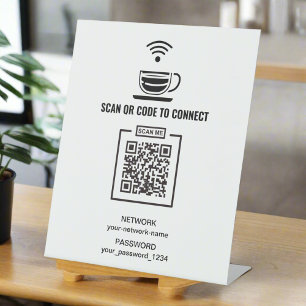 Custom Black & White Password Network QR Code  Pedestal Sign