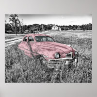 Custom, black & white photo of 1950s vintage car,