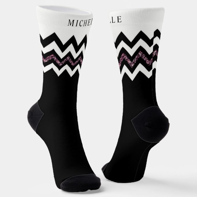 Custom Black White Purple Glitter Chevron Pattern Socks (Angled)