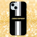 Custom Black White Racing Stripes Gold Monogrammed iPhone 15 Case<br><div class="desc">Create your own custom, personalised, cool, classy, stylish, classic, black and white racing stripes design, faux gold typography / script monogram, chic, sleek, stylish, form-fitting, featherlight, trendy, slim profile, lightweight, impact resistant, durable hard plastic, glossy finish Apple iPhone case. To customise, simply type in your name / monogram / initials....</div>