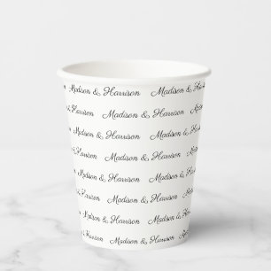 Custom black white script couple name text elegant paper cups