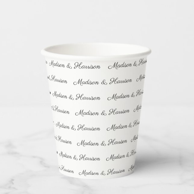 Custom black white script couple name text elegant paper cups (Front)