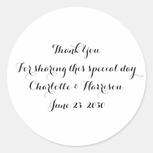 Custom black white script Wedding gift favour Classic Round Sticker
