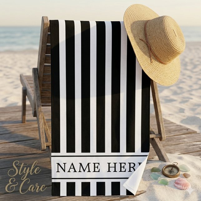 Custom Black White Striped Beach Towel with Name (Custom Black White Striped Beach Towel with Name)